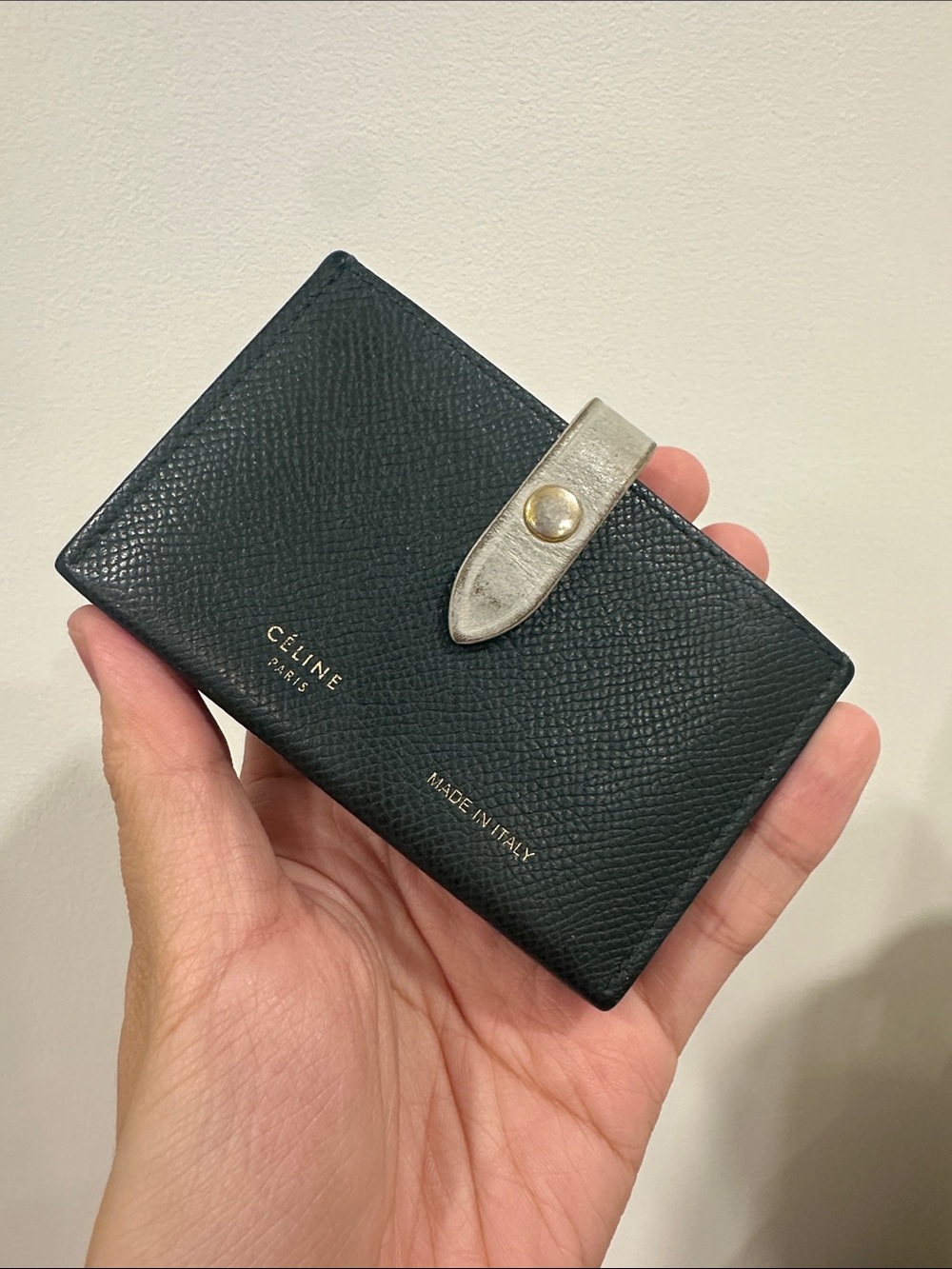 Celine Dark Green Textured Leather Card Holder with Silver Strap